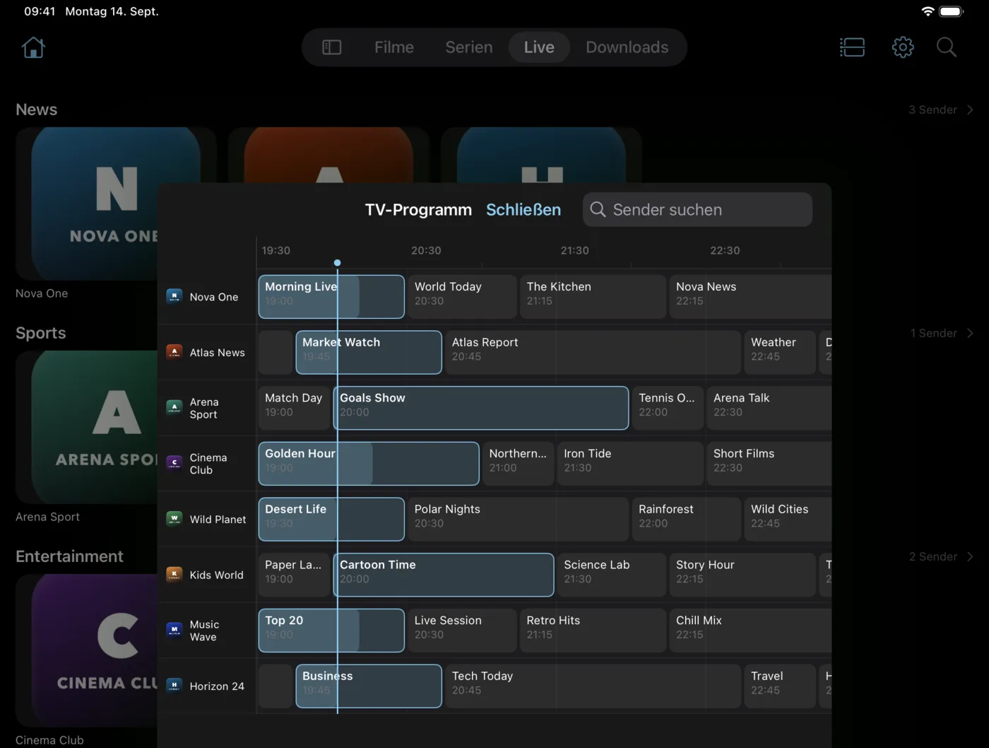 Die EDGE IPTV Programmübersicht auf dem iPad mit neun Sendern und vier Stunden Programm gleichzeitig