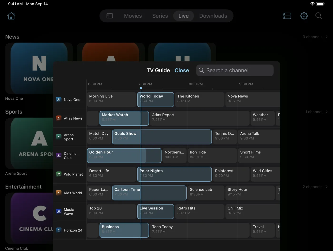 The EDGE IPTV TV guide on iPad, nine channels and four hours of programmes at once