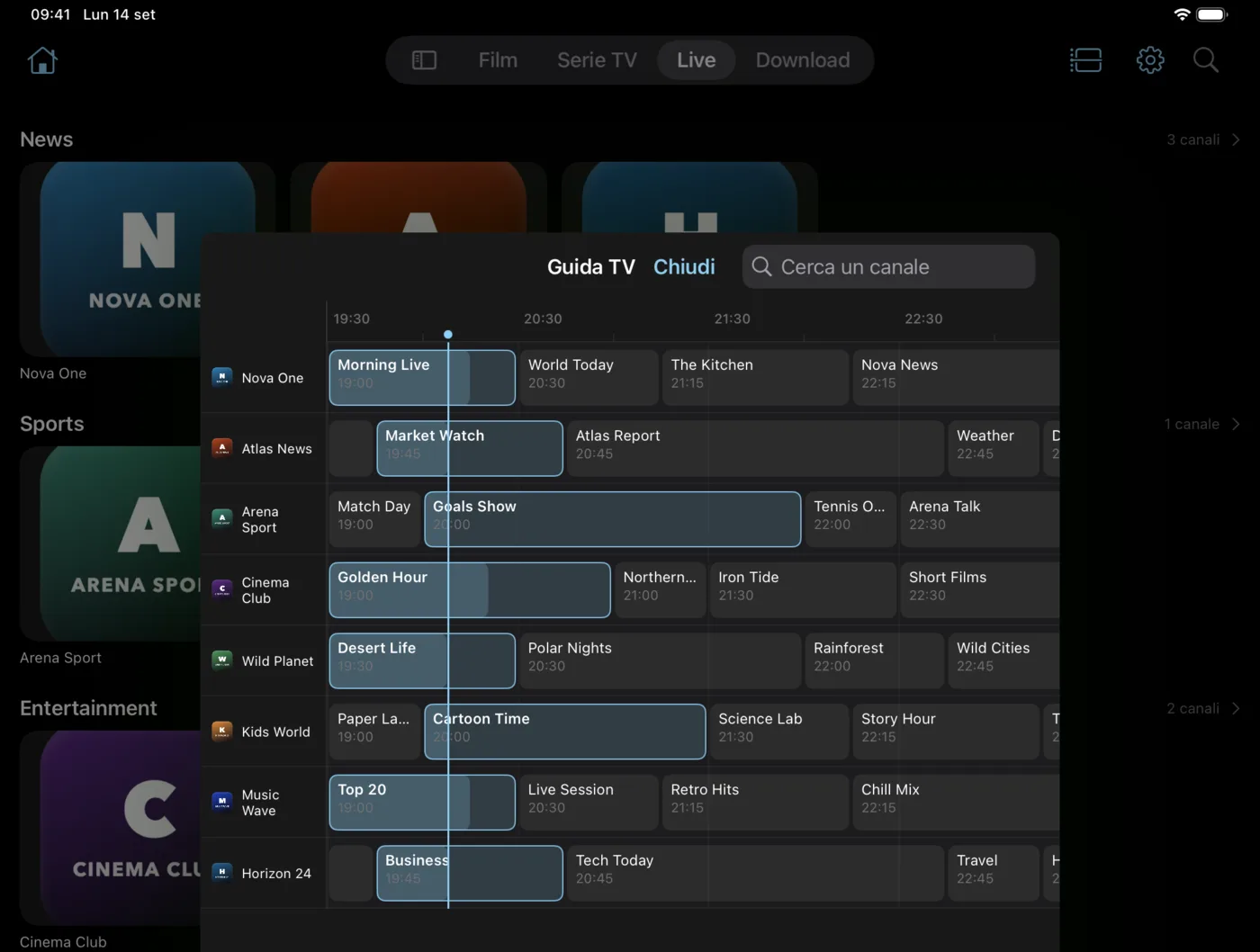La guida EDGE IPTV su iPad, con nove canali e quattro ore di programmazione insieme