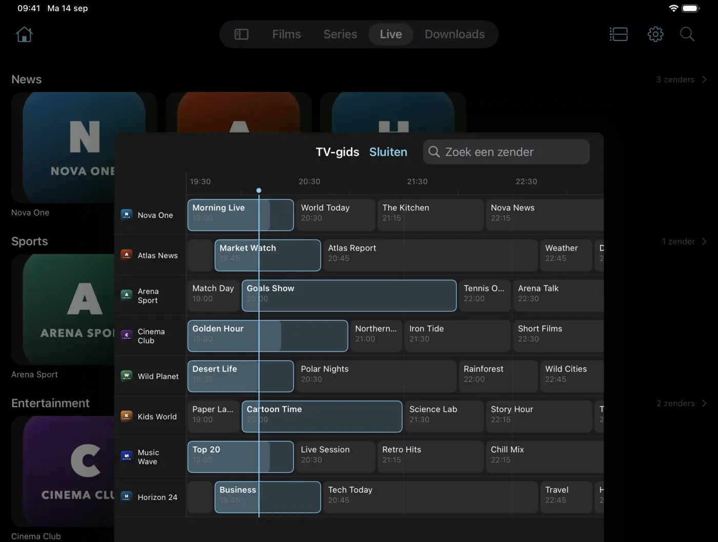 De EDGE IPTV-gids op iPad, met negen zenders en vier uur programma tegelijk in beeld
