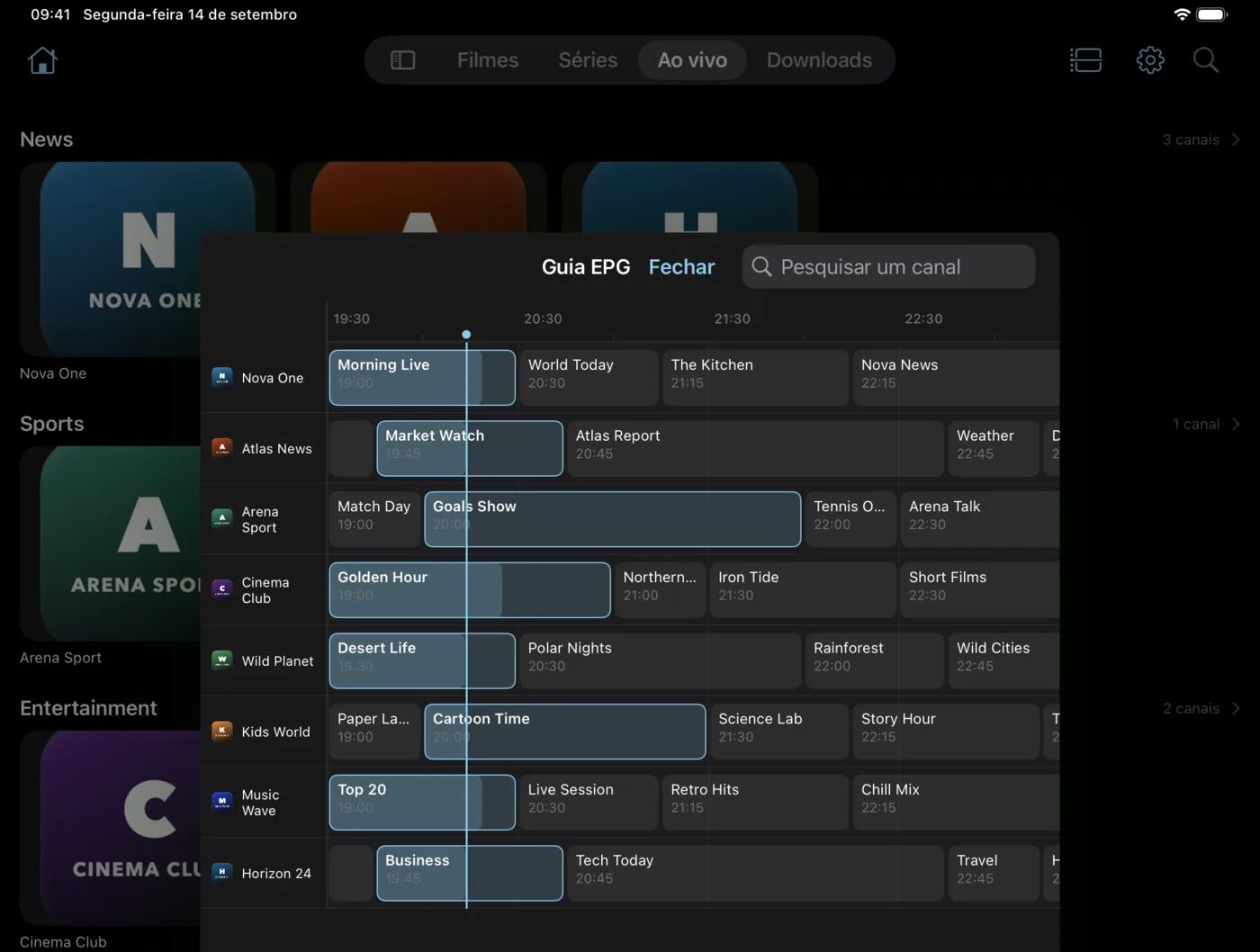O guia de TV do EDGE IPTV no iPad, nove canais e quatro horas de programação ao mesmo tempo