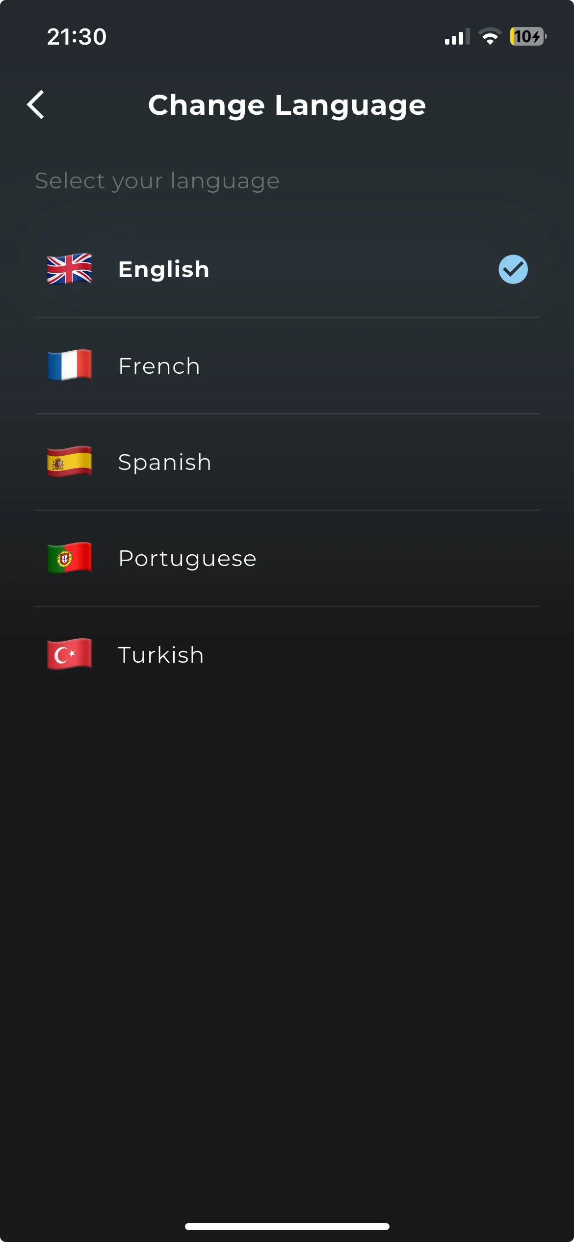 EDGE IPTV multilingual interface selection screen showing English, French, Spanish, Portuguese and Turkish language options on iPhone
