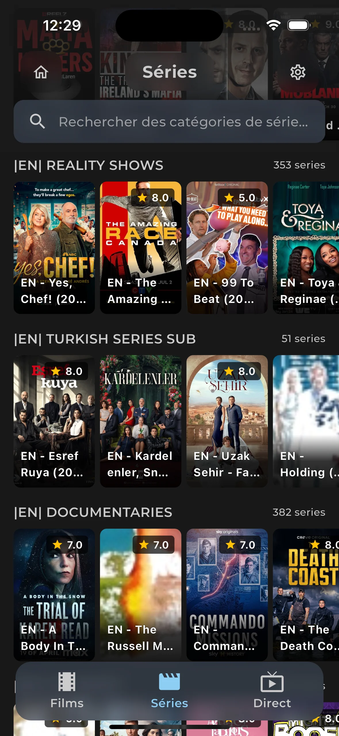 EDGE IPTV series library interface displaying TV shows grid with posters, episode count and playback progress on iPad Pro